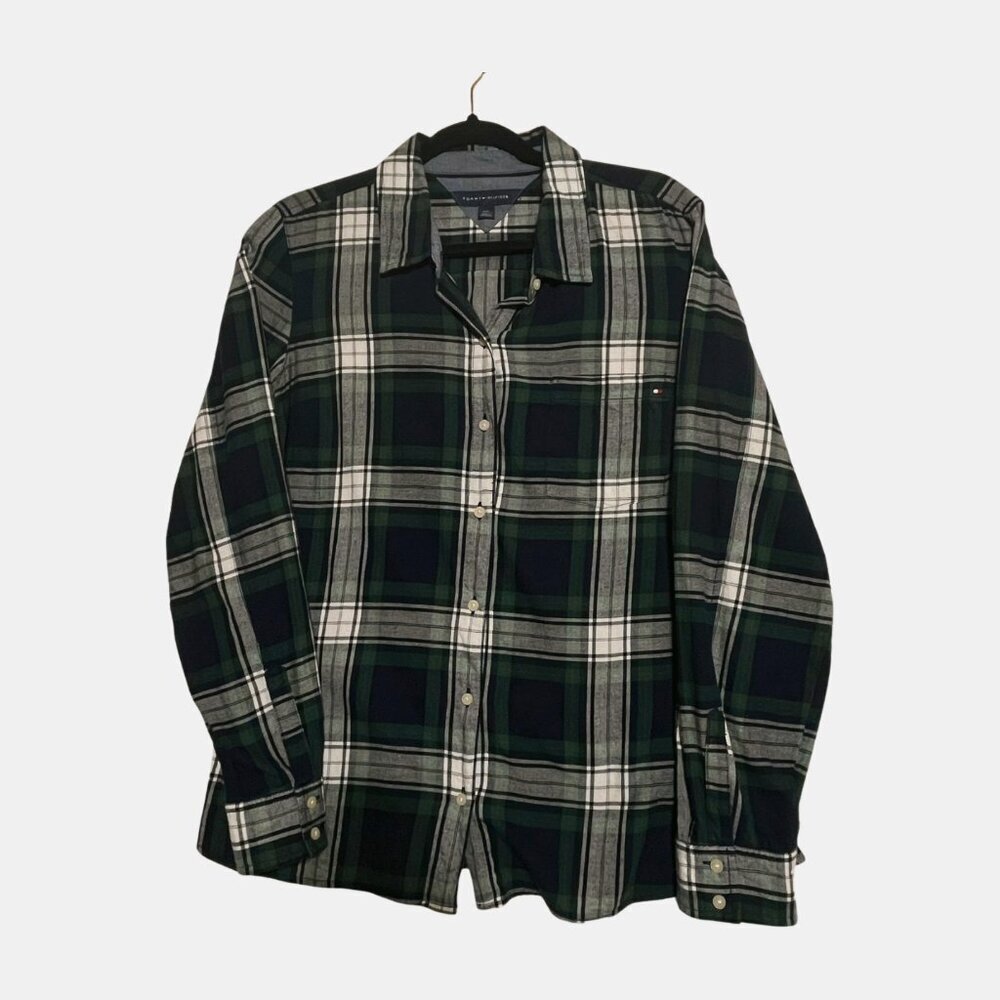 Tommy Hilfiger Women's Plaid Flannel Button-up shirt Green Navy Size Large